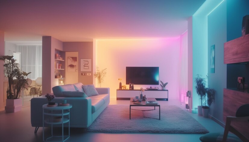 Sala de TV iluminada em tons de rosa e azul com lâmpadas RGB 